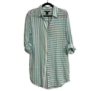 Tahari Tunic Button Down Shirt Turquoise White Stripe Linen Blend Small NWT